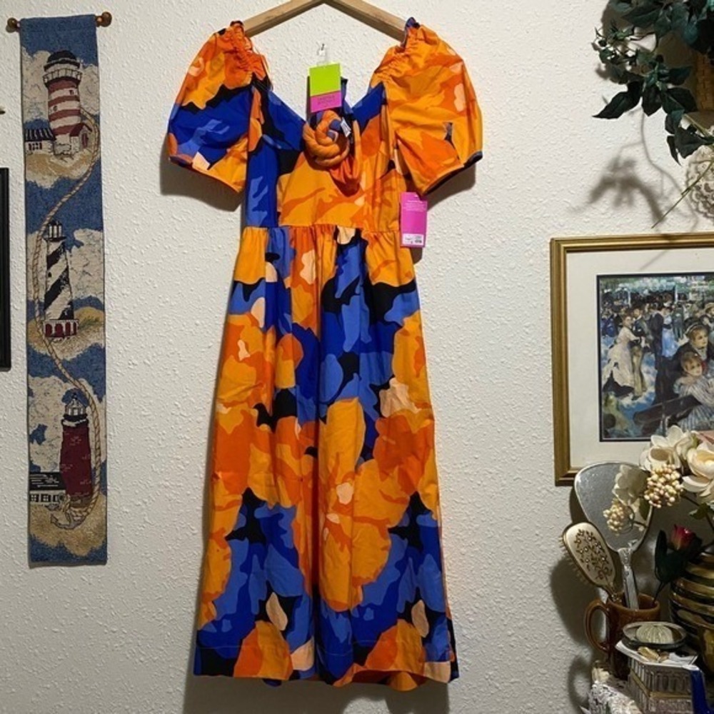 Tabitha Brown Target 4 orange blue Floral Puff Sleeve Maxi Dress & headband NWT - Picture 2 of 9